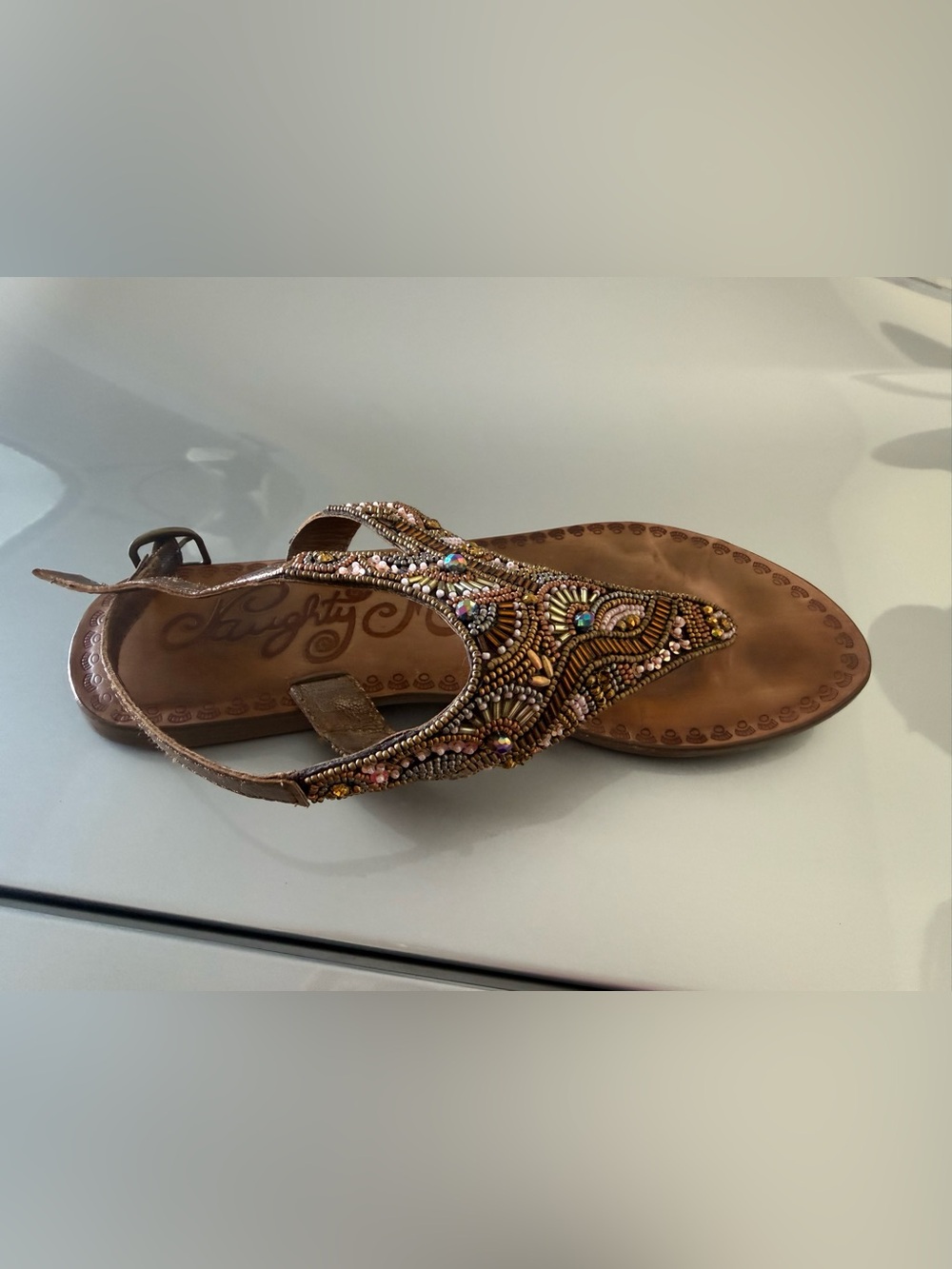 naughty monkey Brown Beaded T-Strap Sandal with Multicolor Accents